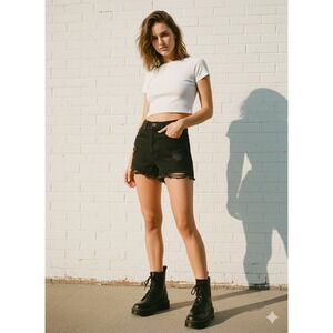 Hollister Black Ultra High-Rise Mom Shorts | Size 7 W28 | Distressed Frayed Hem